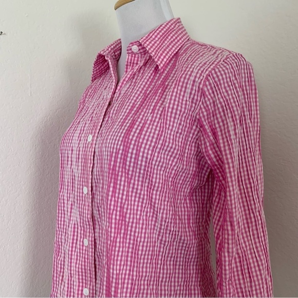Foxcroft Fitted Gingham Pleated Crinkle Button Up Shirt Women’s 4 Pink Collared - Picture 12 of 16